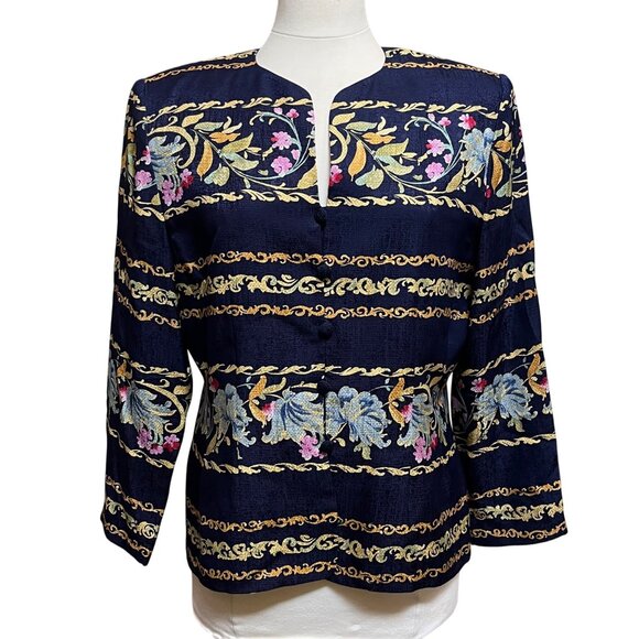 Adrianna Papell Navy Silk Floral Jacket Blazer Top Size 12 Button Up Old Money - Picture 1 of 9